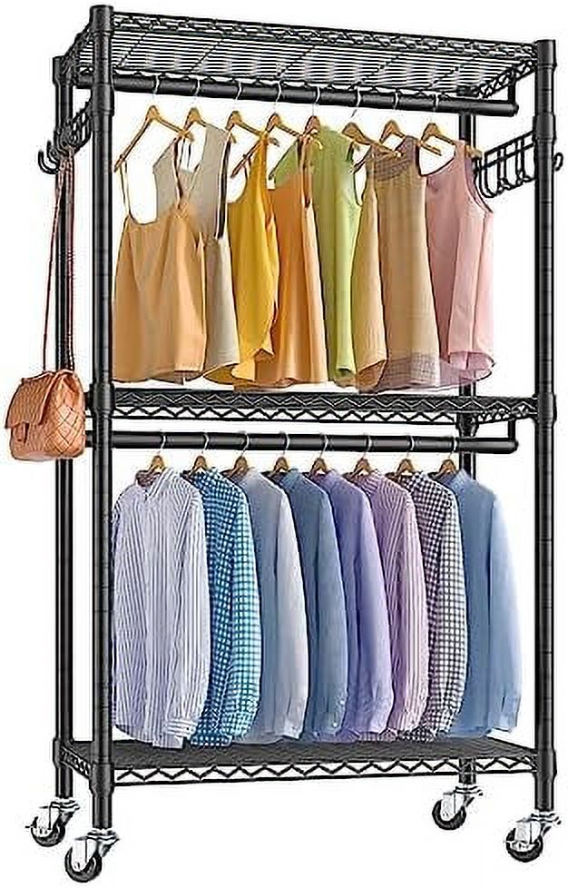GEROBOOM V12 Rolling Garment Rack 3 Tiers Adjustable Wire Shelving