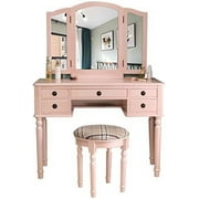 GEROBOOM Vanity Set   Table with Cushioned Stool and Tri-Folding Mirror 5 Drawers  Dressing Table for Bedroom  Easy Assembly (Fluorescent Pink)