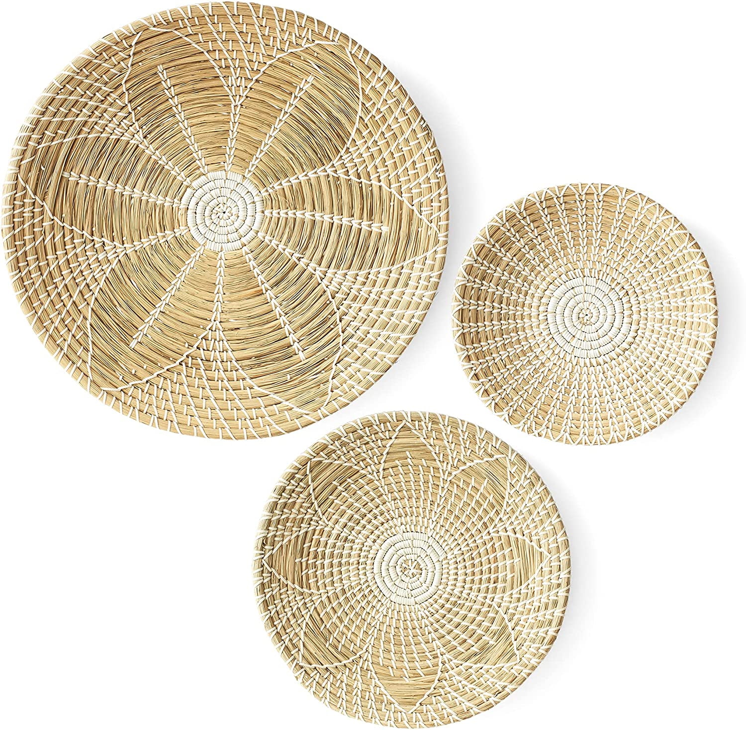 GEROBOOM Wicker Wall Basket Decor Set of 3 Oversized Hanging Natural Woven Seagrass Flat