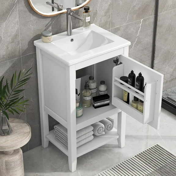 GERRIT 20" Bathroom Vanity with Sink, Bathroom Cabinet with Soft Closing Door, Free Standing Single Basin Vanity with Storage Rack and Open Shelf, Wooden Bathroom Cabinet with Ceramic Basin (White)