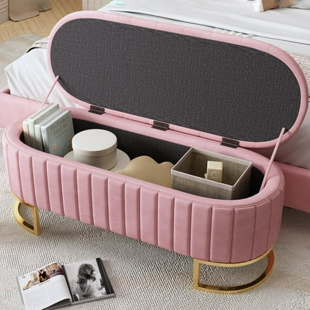 GERRIT Oval Storage Ottoman with Button-Tufted, Velvet Upholstered Storage with Metal Legs, End of Bed Ottoman for Bedroom,Living Room,Fully Assembled Except Legs (Pink)