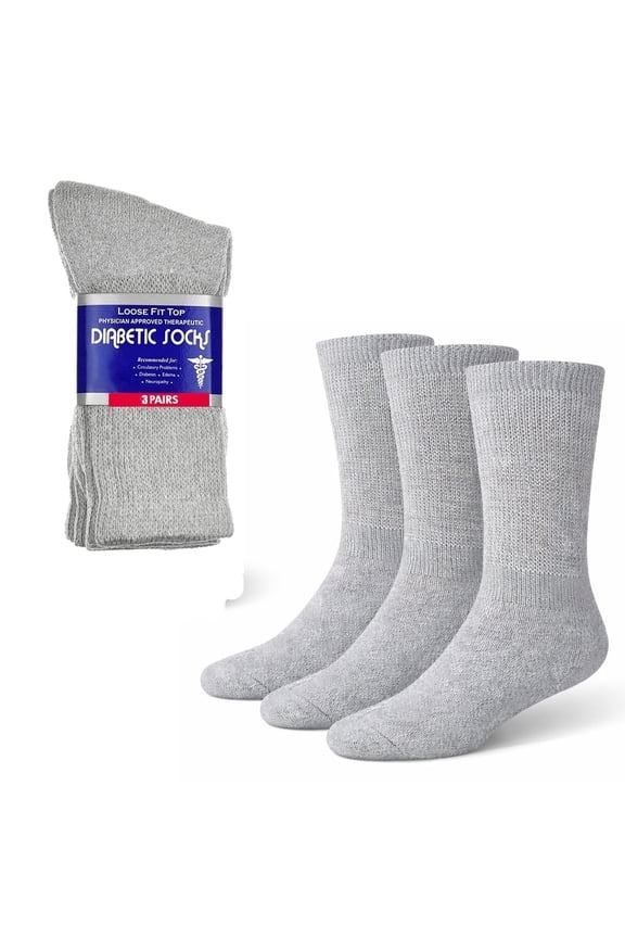 Diabetic Socks for Men & Women – 3 Pack Non-Binding Extra Wide Top, Cotton Blend Crew Socks for Swollen Feet (10-13, Grey)