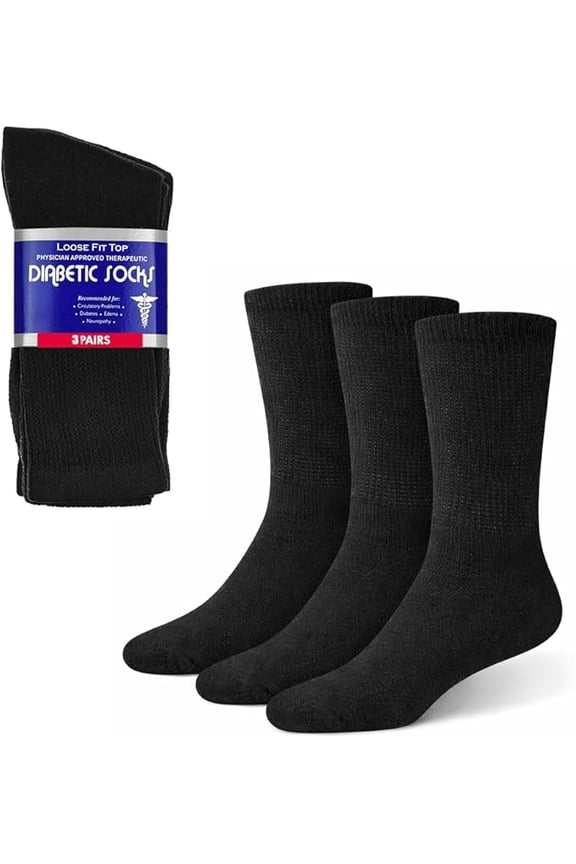 Diabetic Socks for Men and Women – 3 Pack Non-Binding Extra Wide Top, Cotton Blend Crew Socks for Swollen Feet (10-13, Black)