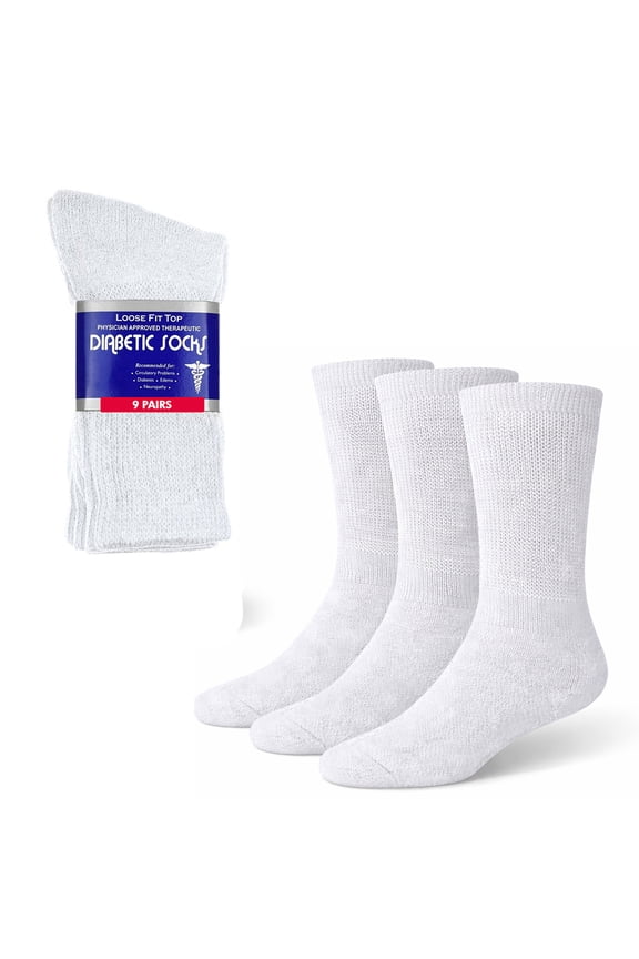 Diabetic Socks for Men and Women – 3 Pack Non-Binding Extra Wide Top, Cotton Blend Crew Socks for Swollen Feet (10-13, White)