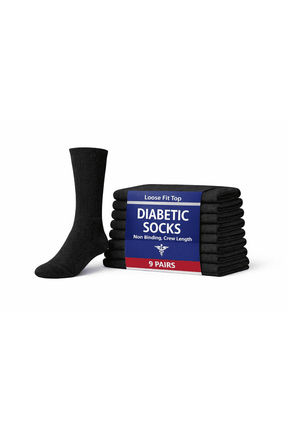 Diabetic Socks for Men & Women – 9 Pack Non-Binding Extra Wide Top, Cotton Blend Crew Socks for Swollen Feet (13-15, Black)