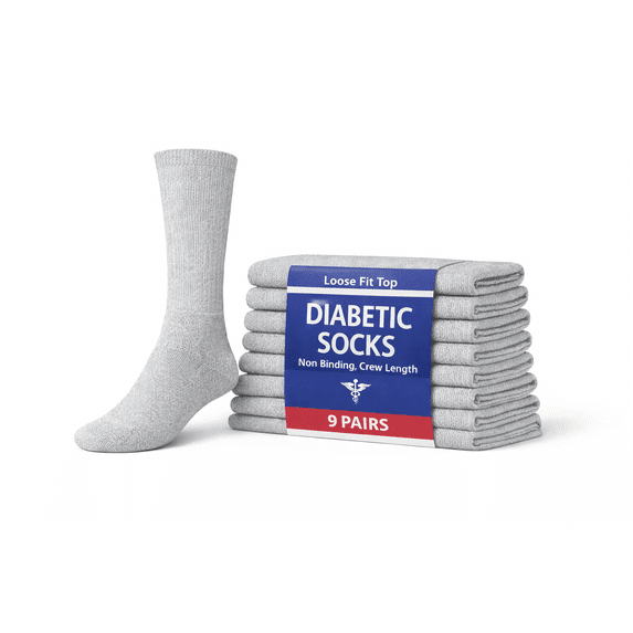 GERVRA Diabetic Socks for Men & Women – 9 Pack Non-Binding Extra Wide Top, Cotton Blend Crew Socks for Swollen Feet (13-15, Grey)