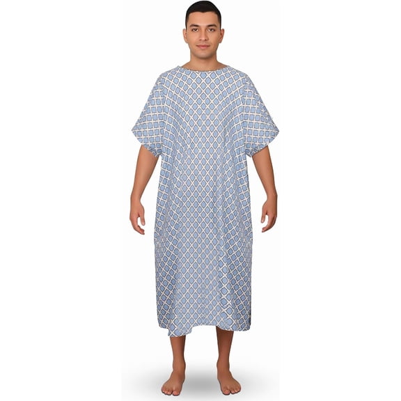 GERVRA Reusable Hospital Gown 1-Pack - Soft Breathable Patient Gowns with Tie Back, Unisex Medical Gowns for Hospital, Clinic, Recovery & Home Care (Blue Diamond Print)
