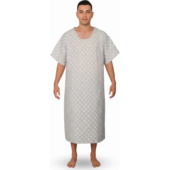 GERVRA Reusable Hospital Gown 4-Pack - Soft Breathable Patient Gowns with Tie Back, Unisex Medical Gowns for Hospital, Clinic, Recovery & Home Care (Neutral Gray Diamond Print)