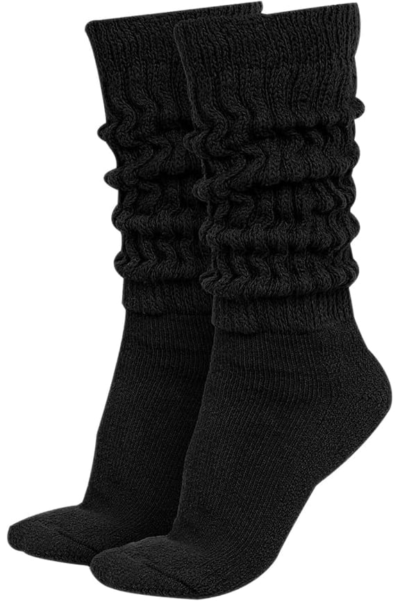 Women’s Extra Long Heavy Slouch Socks – 100% Cotton, Made in USA, One Size 9–11, Retro 80s Style (Black)