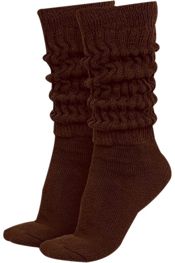 Women’s Extra Long Heavy Slouch Socks – 100% Cotton, Made in USA, One Size 9–11, Retro 80s Style (Brown)
