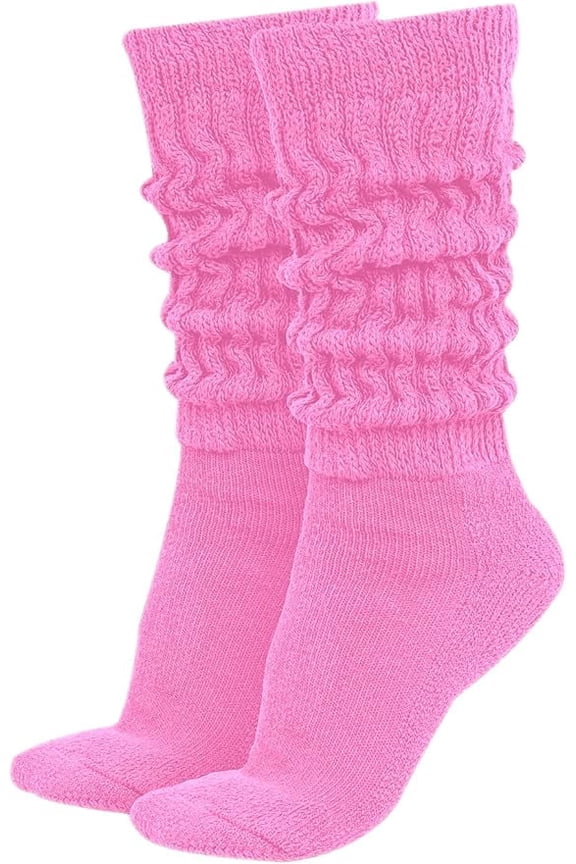 Women’s Extra Long Heavy Slouch Socks – 100% Cotton, Made in USA, One Size 9–11, Retro 80s Style (Pink)