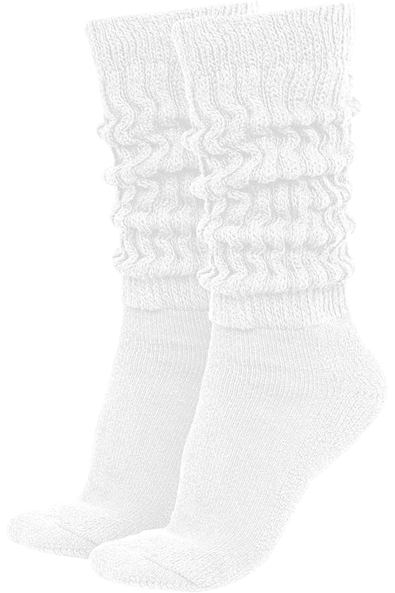 Women’s Extra Long Heavy Slouch Socks – 100% Cotton, Made in USA, One Size 9–11, Retro 80s Style (White)