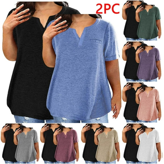 GERsome 2 Pack Plus Size V Neck T-Shirts for Women Short Sleeve Solid Color Tunics Tops Basic Summer Tee Blouses, Sizes L-5XL