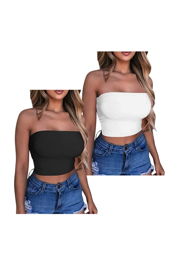 2 Pack Tube Tops for Women Slim Fit Crop Tops Going Out Strapless Tank Tops Women's Solid Casual Summer Tube Top