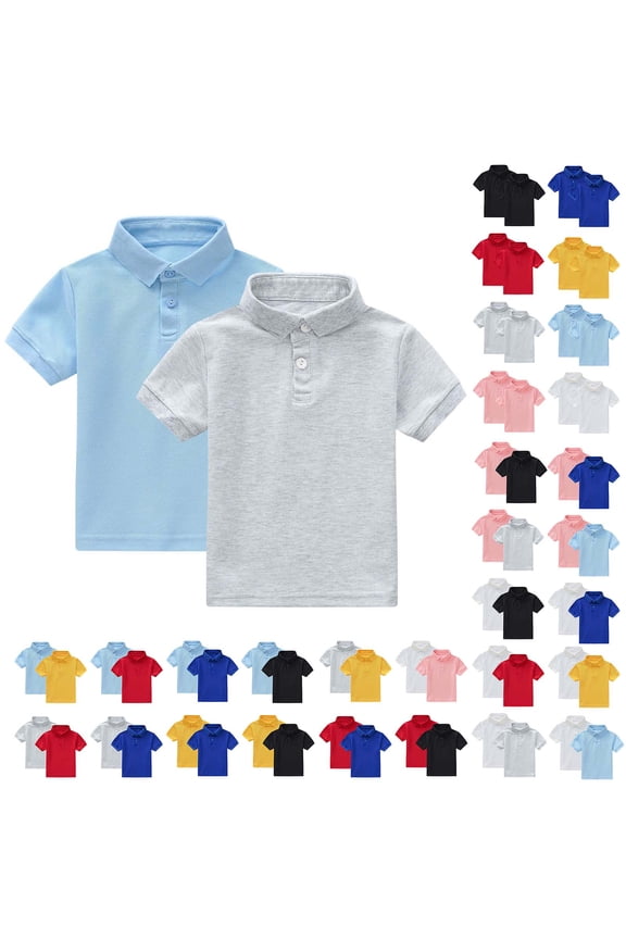 2 Pack Unisex Kids Short Sleeve Summer Tops Button-Down Collar Shirt School Uniform Solid Color Shirts for Boys Girls, 1-13 Years