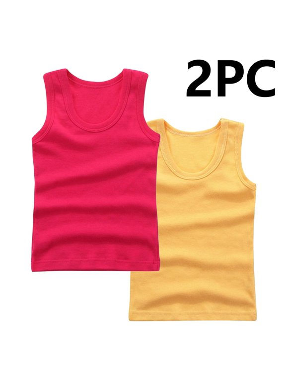 2 Pack Unisex Kids Tank Tops, Boys and Girls Soft Cotton Tank Tops Sleeveless Undershirts Tees Solid Color Round Neck Shirts, Sizes 2-14 Years