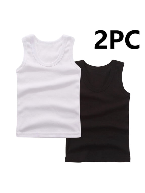 2 Pack Unisex Kids Tank Tops, Boys and Girls Soft Cotton Tank Tops Sleeveless Undershirts Tees Solid Color Round Neck Shirts, Sizes 2-14 Years