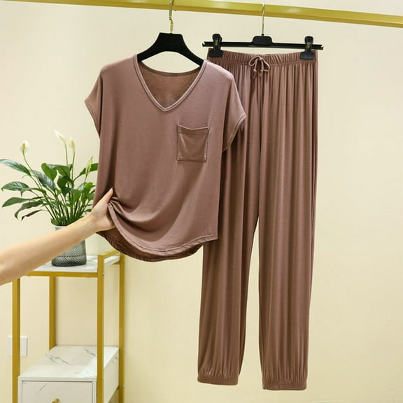 GERsome 2 Pack Women's Pajamas Set Short Sleeve V Neck Pullover Tops & Long Pants Nightwear Soft Pjs Lounge Sets M-2XL (Brown,XL)