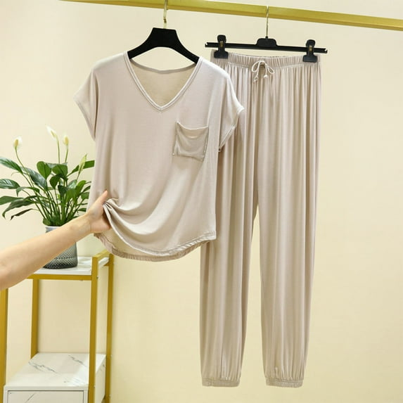 GERsome 2 Pack Women's Pajamas Set Short Sleeve V Neck Pullover Tops & Long Pants Nightwear Soft Pjs Lounge Sets M-2XL (Gray,L)