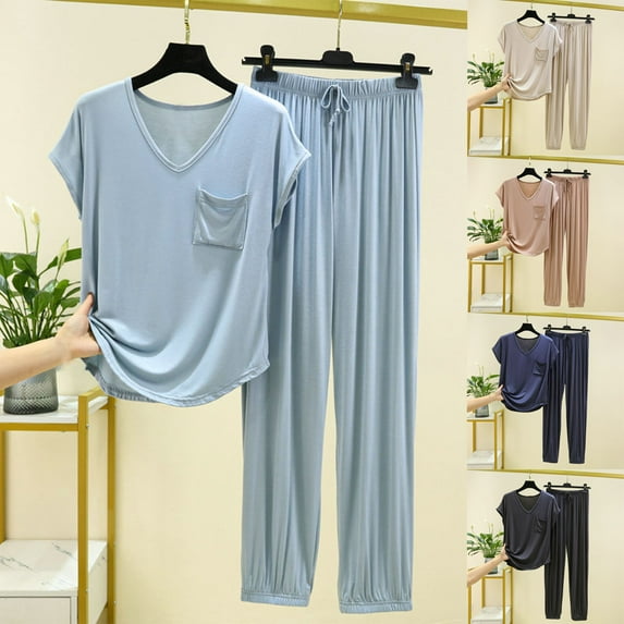 GERsome 2 Pack Women's Pajamas Set Short Sleeve V Neck Pullover Tops & Long Pants Nightwear Soft Pjs Lounge Sets M-2XL (Light Blue,L)