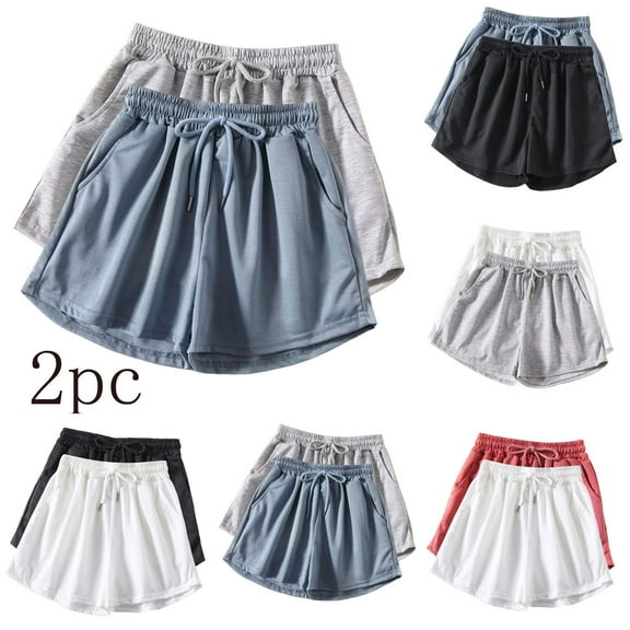 GERsome 2 Pack Yoga Shorts Womens Summer Running Gym Sports Waistband Sweat Shorts with Pockets S-XXL
