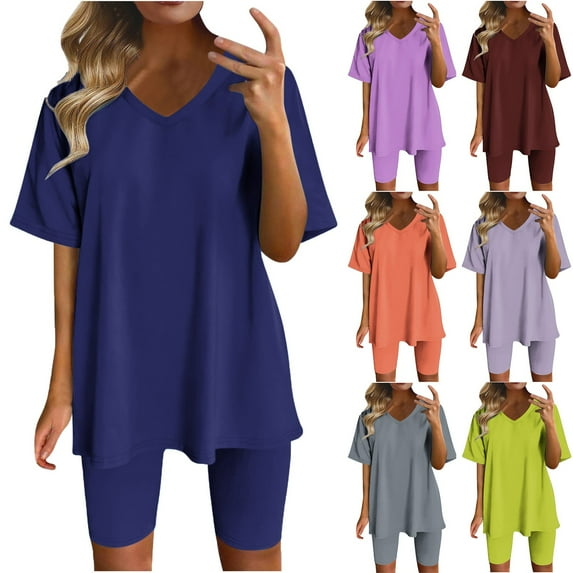 GERsome 2 Piece Solid Color Lounge Outfits for Women Summer Short Sleeve V Neck Tops and Biker Shorts Sets S-3XL(Blue,L)