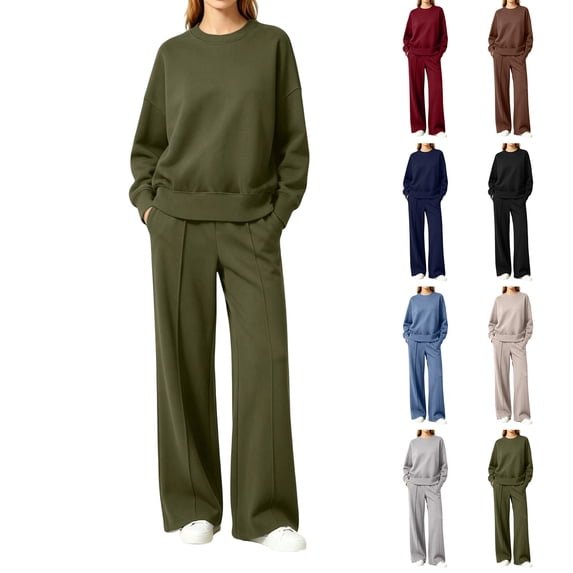 GERsome 2 Piece Tracksuit Set for Women Long Sleeve Crew Neck Sweatshirts and Wide Leg Sweat Pants with Pockets Size L