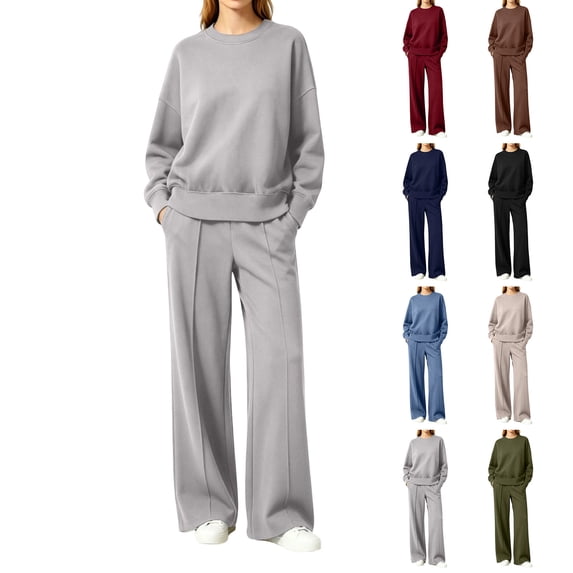 GERsome 2 Piece Tracksuit Set for Women Long Sleeve Crew Neck Sweatshirts and Wide Leg Sweat Pants with Pockets Size XL