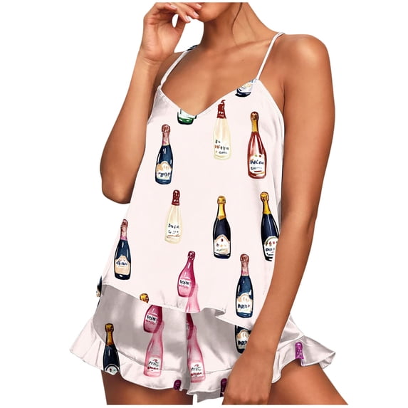 GERsome 2 Piece Womens Pajamas Set Cute Print Sleepwear Tank Tops and Ruffled Shorts Loungewear Outfits S-XXL