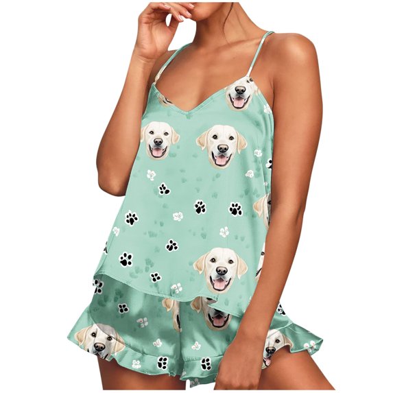 GERsome 2 Piece Womens Pajamas Set Cute Print Sleepwear Tank Tops and Ruffled Shorts Loungewear Outfits S-XXL