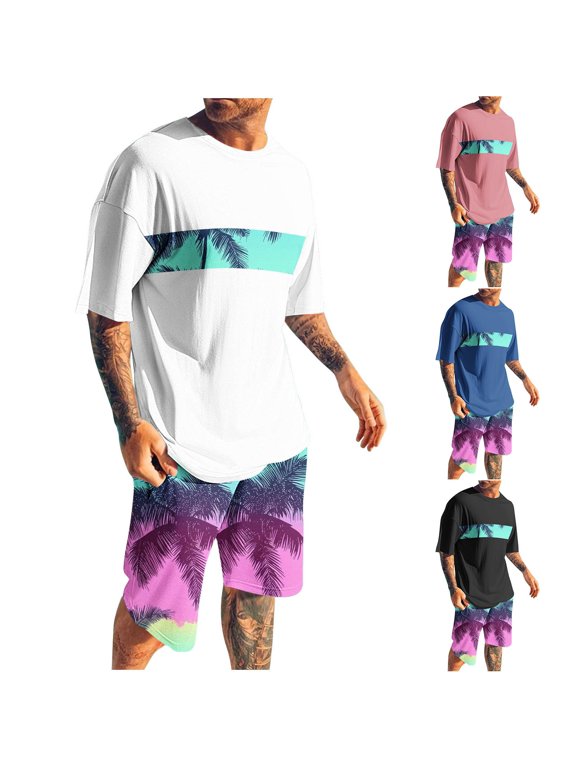 2 Piece Workout Sets for Men Summer Hawaiian Crew Neck Short Sleeve Tops and Shorts Outfits Athletic Gym Loungewear S-4XL