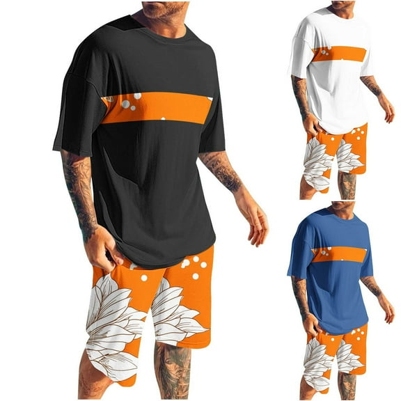 GERsome 2 Piece Workout Sets for Men Summer Hawaiian Crew Neck Short Sleeve Tops and Shorts Outfits Athletic Gym Loungewear S-4XL