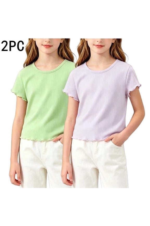 2PCS Girls Ruffle Short Sleeve T-Shirts Summer Crew Neck Shirts Toddler Girls Solid Color Basic Tee Size 9-10 Years