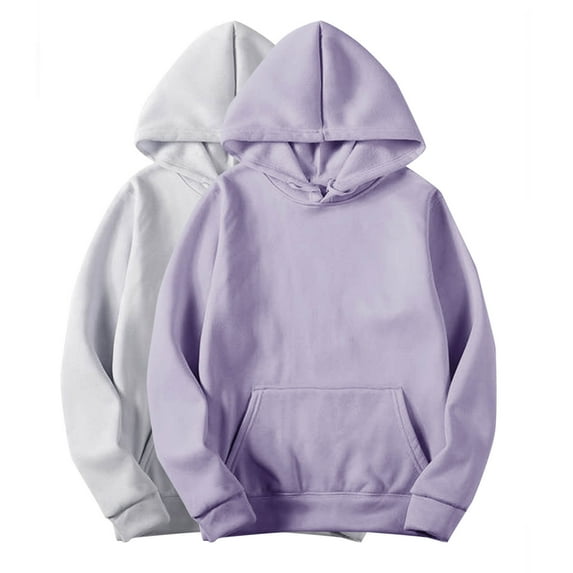GERsome 2PCS Women's Hoodies Solid Color Long Sleeve Sweatshirts Drawstring Pullover Tops with Pocket Casual Loose Blouses Tunic(Color:Light Purple/Gray Size:XL)