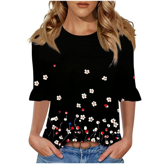 GERsome 3/4 Ruffle Sleeve Tops for Women Trendy Floral Crew Neck Loose Fit Shirts Summer Casual Tee Blouse Tops, Sizes S-3XL