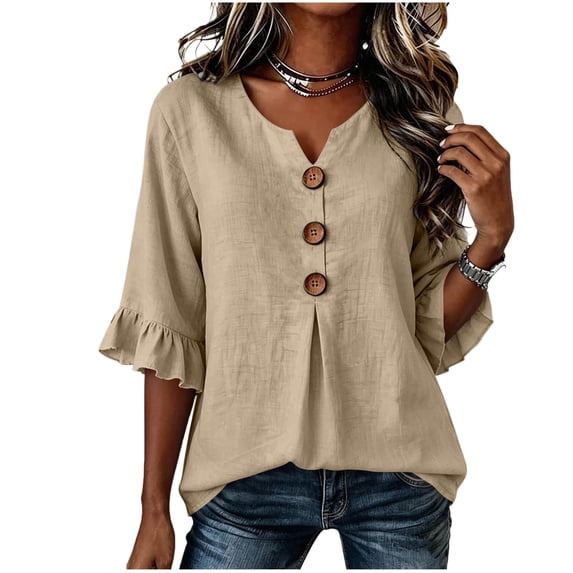 GERsome 3/4 Ruffled Sleeve T-Shirts for Women Button Down V-Neck Casual Business Work Summer Tops,Khaki,Size XL