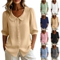 thumbnail image 1 of GERsome 3/4 Sleeve Shirts for Women Button Down Crew Neck Collared Tops Casual Work Summer Blouses,Khaki,Size L, 1 of 9