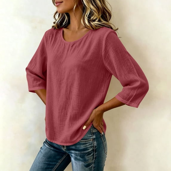 GERsome 3/4 Sleeve T-Shirts for Women Crew Neck Summer Loose Casual Business Work Tops Wine M