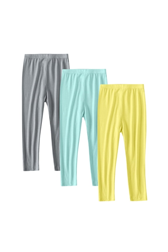 3 Pack Girl's Leggings High Waisted Cotton Tights Pants Toddler Kids Yoga Pants Solid Color Full Length Bottoms Gray Mint Green Yellow