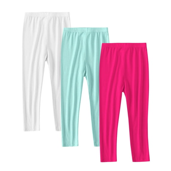 GERsome 3 Pack Girl's Leggings High Waisted Cotton Tights Pants Toddler Kids Yoga Pants Solid Color Full Length Bottoms White Mint Green Hot Pink