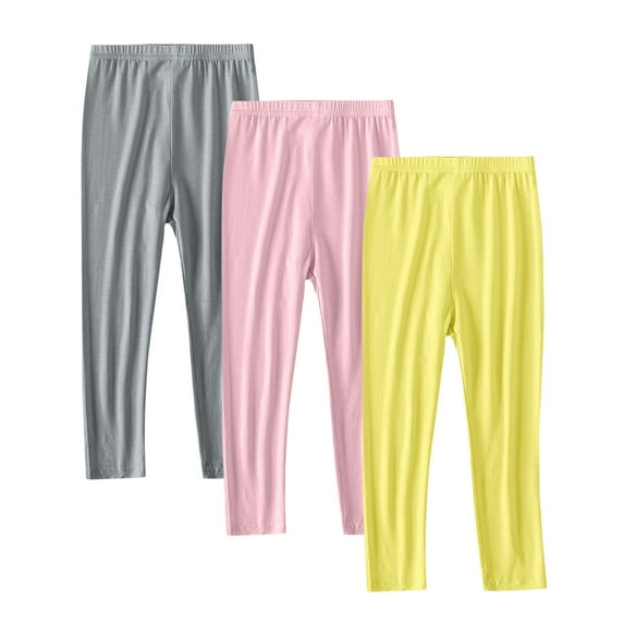 GERsome 3 Pack Girls Leggings, 2-13 Years, Ankle Length Cotton Comfortable Footless Tights Pants for Kids Girls Gray Pink Yellow