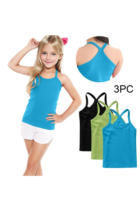 3 Pack Girls Tank Tops Soft Cotton Undershirts Toddler Kids Girls Sleeveless Camisole Tops Summer Round Neck T Shirts, Sizes 8-9 Years