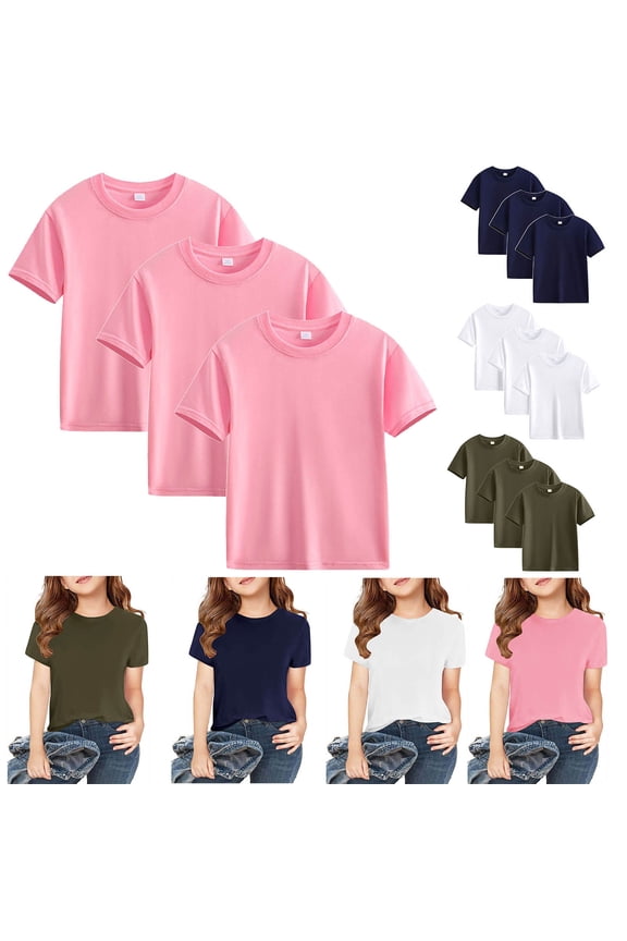 3 Pack Kids Short Sleeve T-Shirt Tee Cotton Plain Top, Infant Baby, Toddler, Little Kids Boys, Girls, Unisex, Sizes 2-12 Years