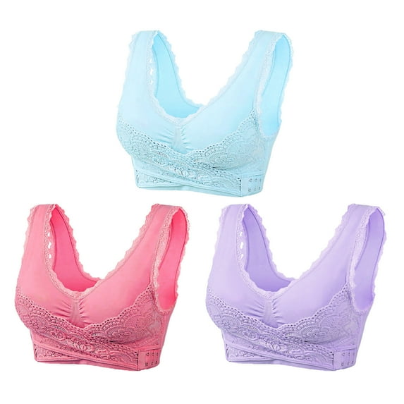 GERsome 3-Pack Wireless Bras for Women Front Criss Cross Bras Side Buckle Lace Sports Bras Push Up Seamless Support Comfy Posture Corrector Sports Yoga Everyday Bra