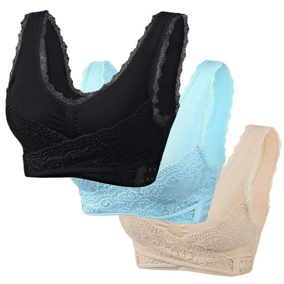 GERsome 3-Pack Wireless Bras for Women Front Criss Cross Bras Side Buckle Lace Sports Bras Push Up Seamless Support Comfy Posture Corrector Sports Yoga Everyday Bra