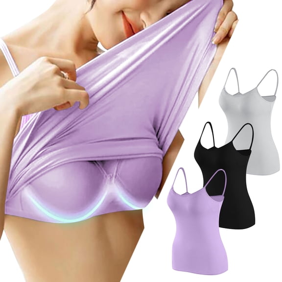 GERsome 3 Piece Womens Camisole with Shelf Bra Basic Layer Undershirts Camis Spaghetti Strap Tank Tops Assorted Color Purple/Black/Gray M