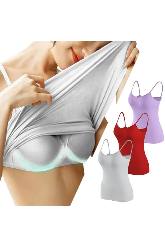 3PCS Women's Camisole Built in Bra Wireless Fabric Support Short Cami Basic Yoga Top Layering Tank Top Padded Bra Undershirt (S-XL)