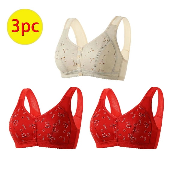 GERsome 3PCS Women's Front Closure Bras Posture Full Coverage Plus Size No Underwire Support Plunge Seamless Bra 3PCS#2Red/Beige S