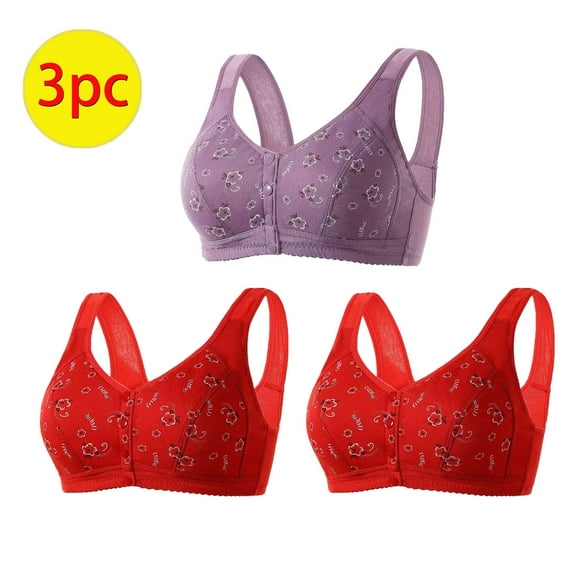 GERsome 3PCS Women's Front Closure Bras Posture Full Coverage Plus Size No Underwire Support Plunge Seamless Bra 3PCS#2Red/Purple L