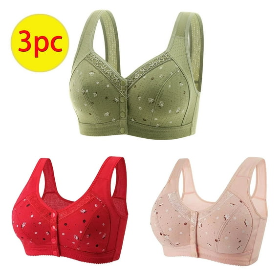 GERsome 3PCS Women's Front Closure Bras Posture Full Coverage Plus Size No Underwire Support Plunge Seamless Bra 3PCS#Green/Red/Pink M